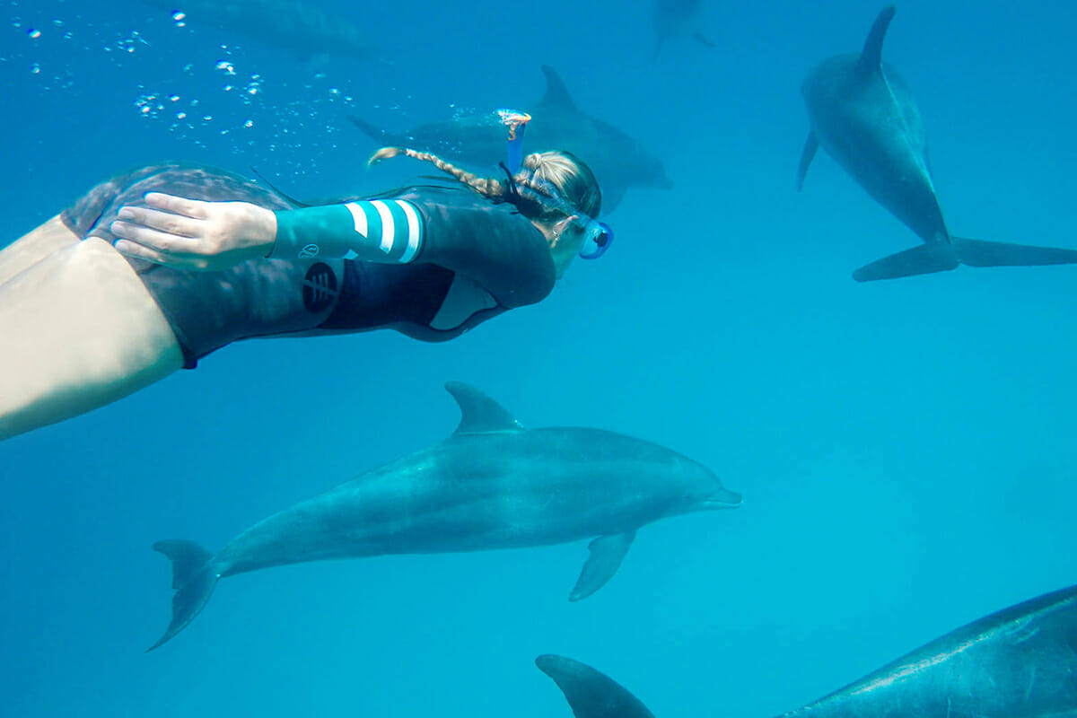 Frau beim Schnorcheln mit Delphinen in Soma Bay