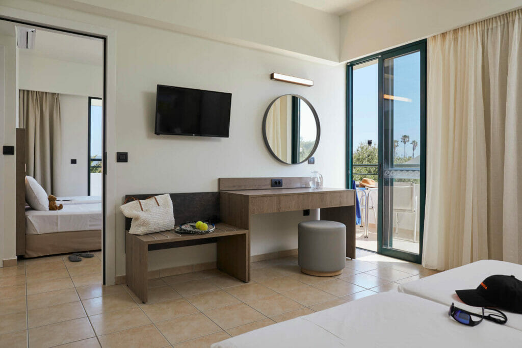 Large hotel room with balcony in Theologos