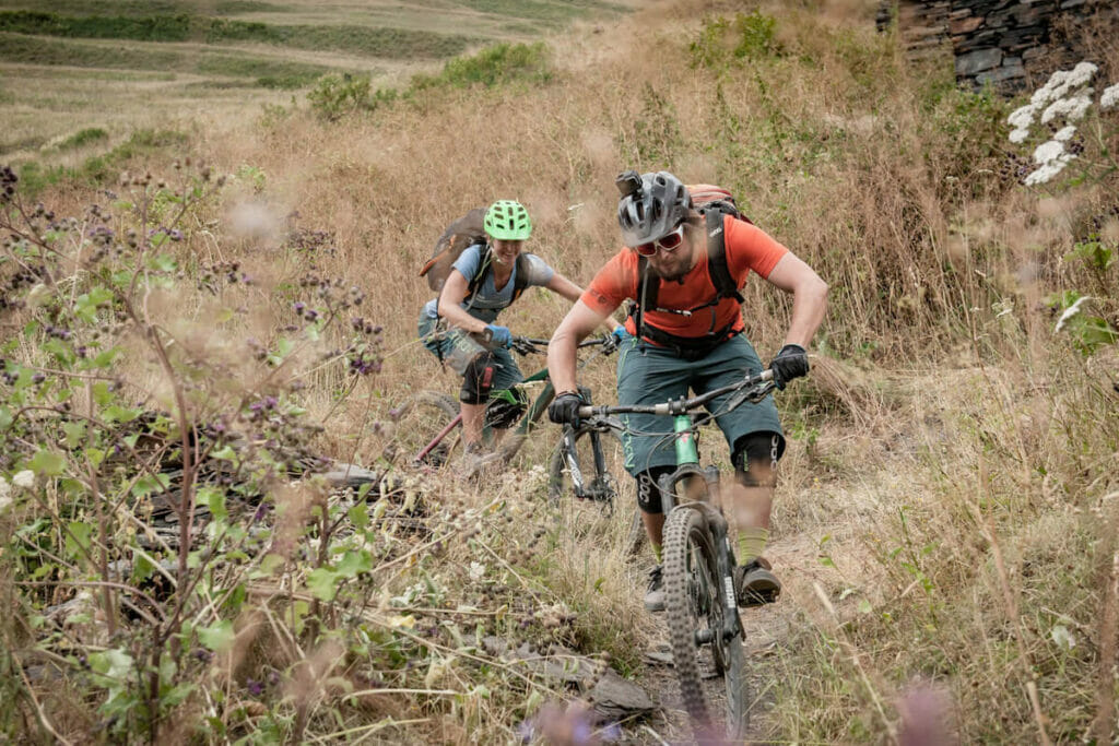 Two mountain bikers on single trail in Georgia