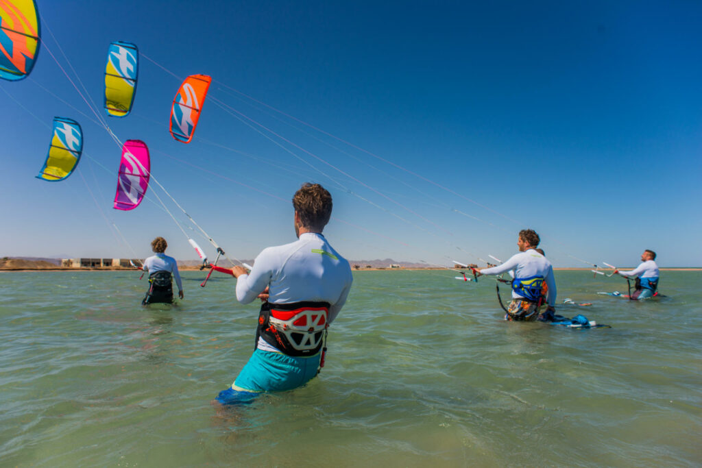 El Gouna kitesurfing, kitesurfers in flat water with kite umbrellas