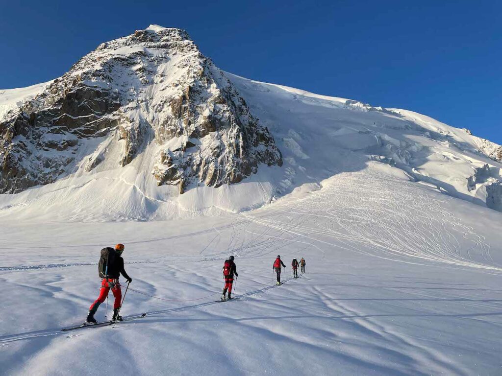 Group of ski tourers on Mont Blanc in Switzerland